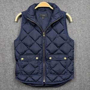 J Crew Vest Womens Petite Small PS Blue Down Waterfowl Puffer‎ Quilted Full Zip